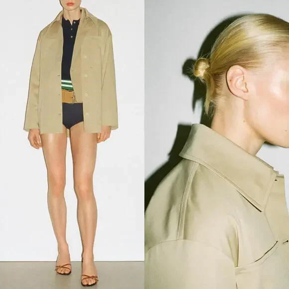 Mango Cotton Blend Oversized Overshirt with Pockets Beige NWT Small - Picture 8 of 8